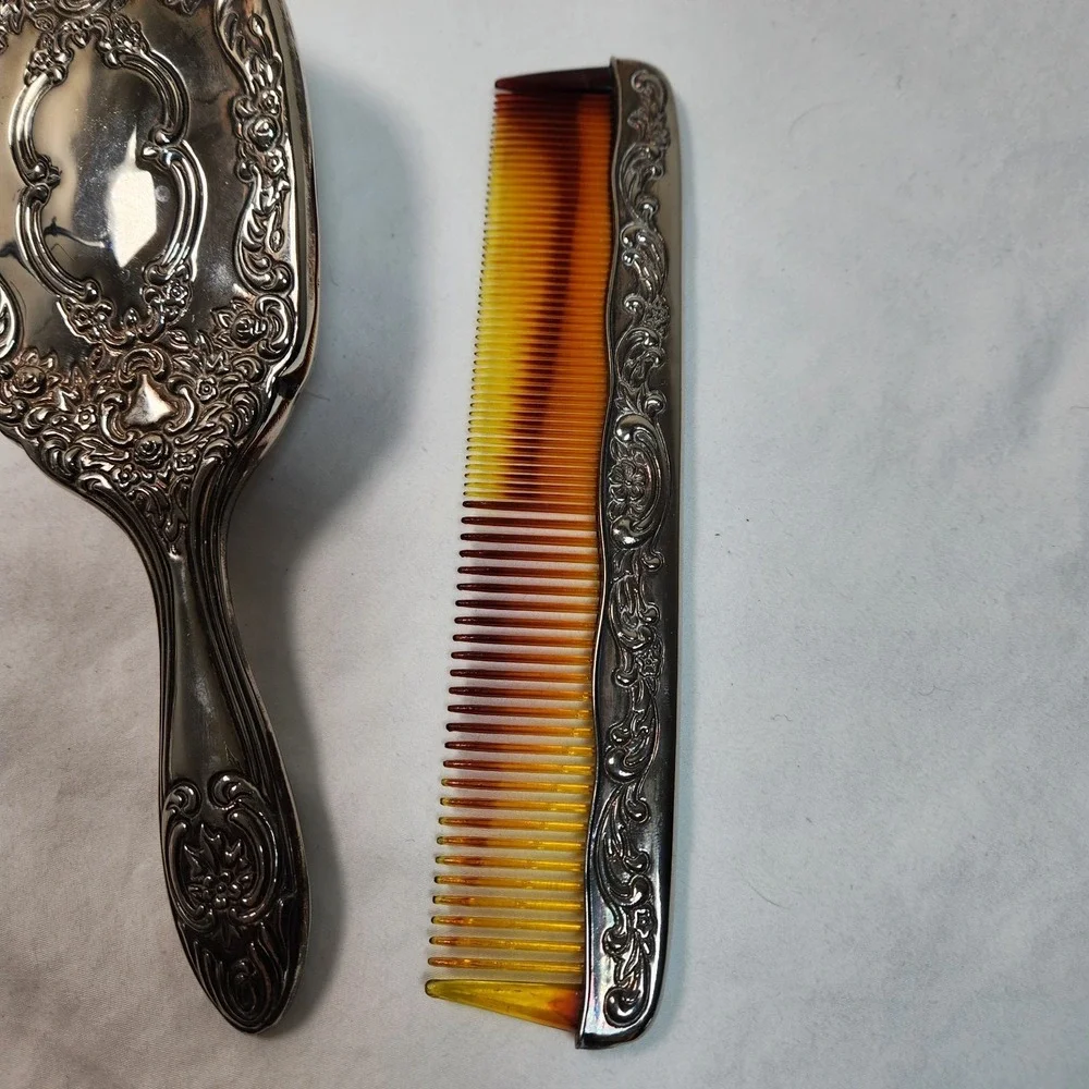 Vintage Silver Plated Repousse Hand Mirror Brush And Comb Set Of 3 Vanity